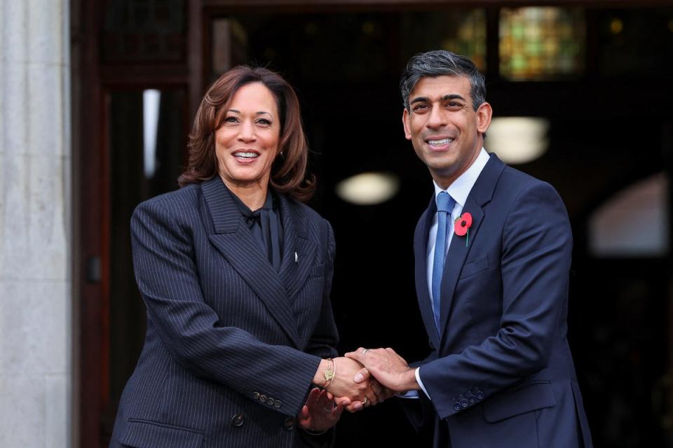 British Prime Minister Rishi Sunak greets US Vice President Kamala Harris at 2023's AI Safety Summit at Bletchley Park (Toby Melville - WPA Pool/Getty Images)