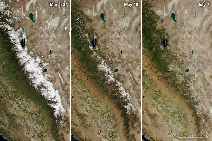 Images from the Moderate Resolution Imaging Spectroradiometer on NASA’s Terra satellite show the Sierra Nevada on March 31 (at the seasonal peak), May 18, and July 7.