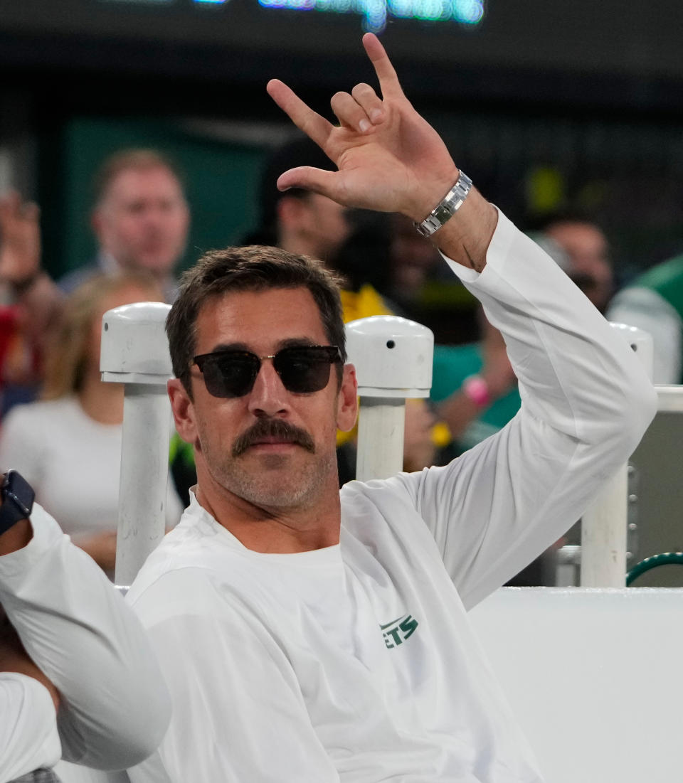 Oct 1, 2023; East Rutherford, New Jersey, USA; New York Jets injured quarterback Aaron Rodgers (8) pre game at MetLife Stadium. Mandatory Credit: Robert Deutsch-USA TODAY Sports