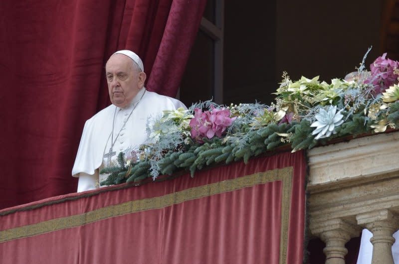 In his annual message to the world, Pope Francis deplored the weapons industry as it fuels wars while calling for peace between the Palestinians and Israel and the continuing conflict in Ukraine. Photo by Stefano Spaziani/UPI