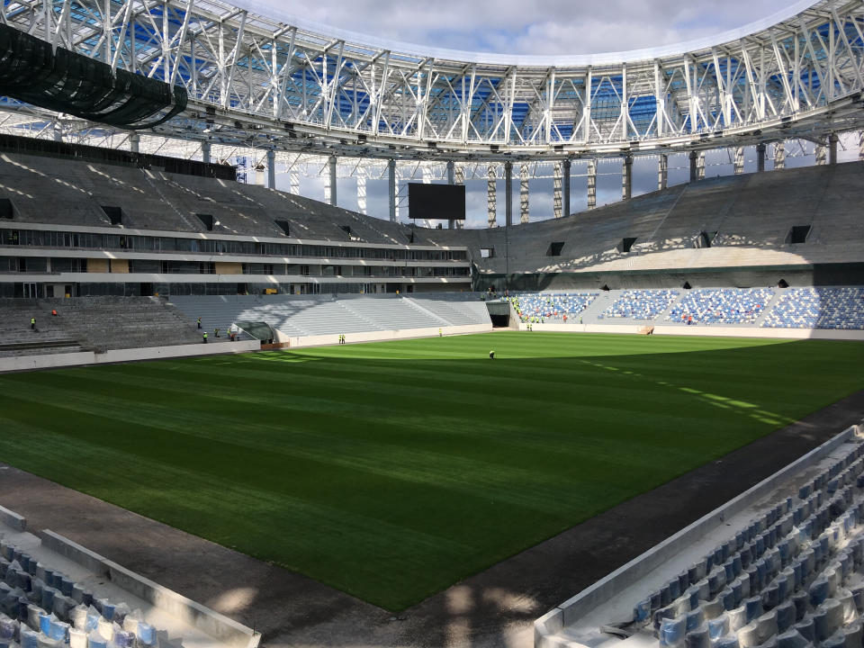 <p>Nizhny Novgorod Stadium, Nizhny Novgorod<br>Year opened: 2018<br>Capacity: 44,899<br>Which games: Four group games (including England v Panama), one last 16 tie, one quarter final<br>Fun fact: Stadium’s design is said to have been inspired by the region’s natural aspects, wind and water. </p>