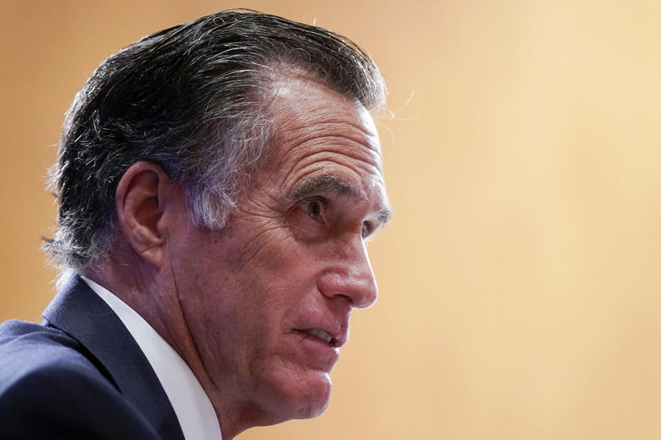 Sen. Mitt Romney, R-Utah, speaks during a confirmation hearing for Secretary of Health and Human Services nominee Xavier Becerra before the Senate Health, Education, Labor and Pensions Committee, Tuesday, Feb. 23, 2021 on Capitol Hill in Washington. (Leigh Vogel/Pool via AP)