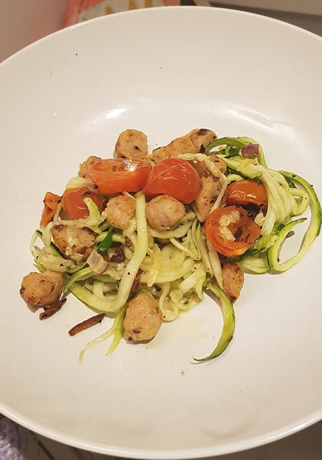 Day three's lunch was zucchini noodles with spicy chicken sausage. Photo: Sarah Carty