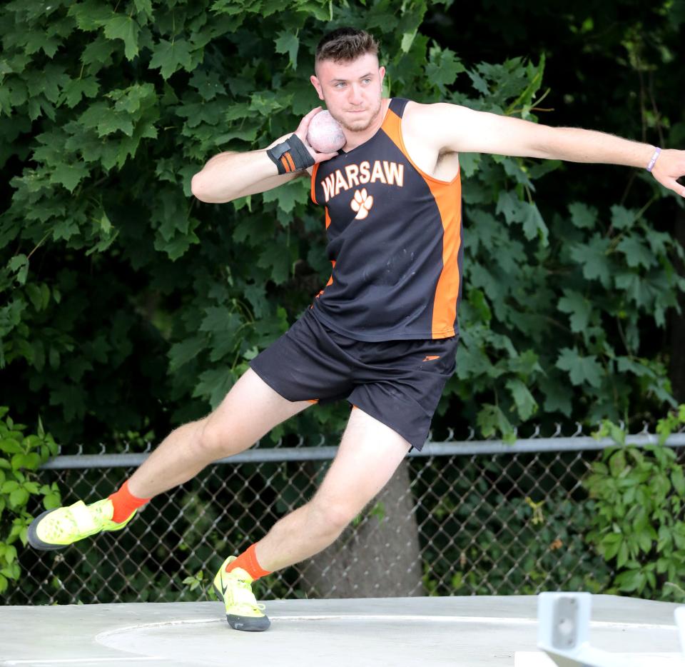 Matthew Auble from Warsaw competes in the Shot Put Championship during the New York State Track and Field Championships at Middletown High School, June 10, 2023.