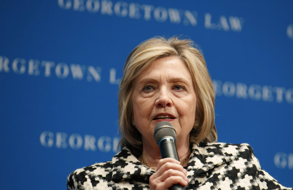 FILE - In this file photo dated Wednesday, Oct. 30, 2019, former U.S. Secretary of State Hillary Clinton speaks at Georgetown Law's second annual Ruth Bader Ginsburg Lecture, in Washington. Clinton told the BBC on Tuesday Nov. 12, 2019, that she's “dumbfounded” the U.K. government has failed to release a report on Russian influence in British politics as the country prepares for national elections on Dec 12. (AP Photo/Jacquelyn Martin, FILE)