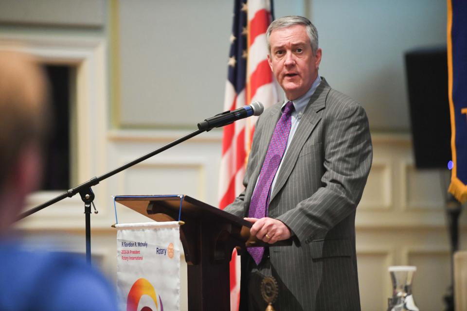 Tennessee Secretary of State Tre Hargrett speaks during a Jackson Rotary Club meeting inside First United Methodist, Jackson, Tenn., on Wednesday, March 20, 2024.