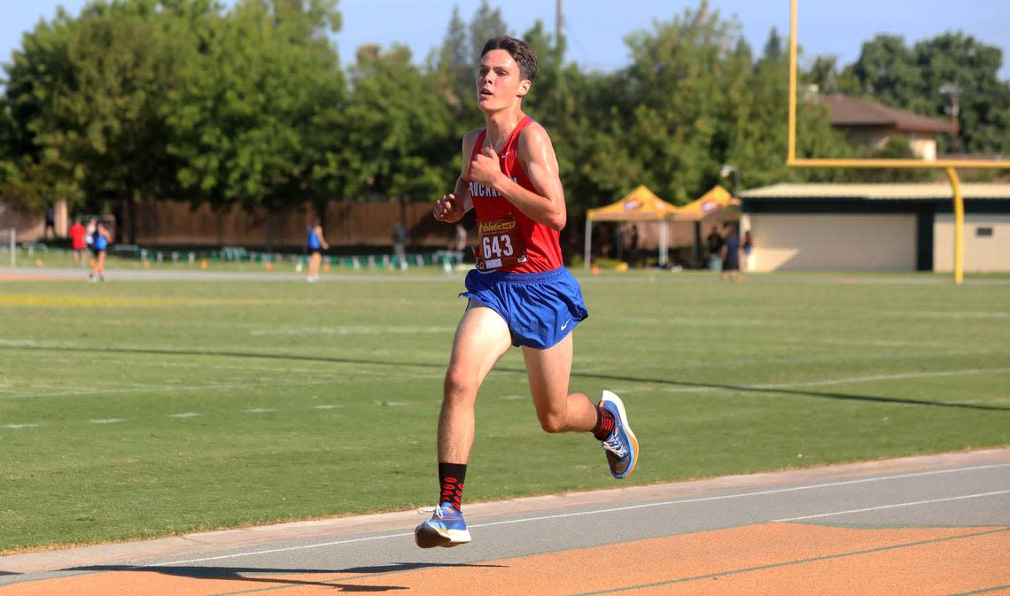 Buchanan High sophomore Jansen Geyer finished first in 9:53.89 in the soph boys race of the Kingsburg 2 Mile cross country meet at Kingsburg High on Sept. 9, 2023.