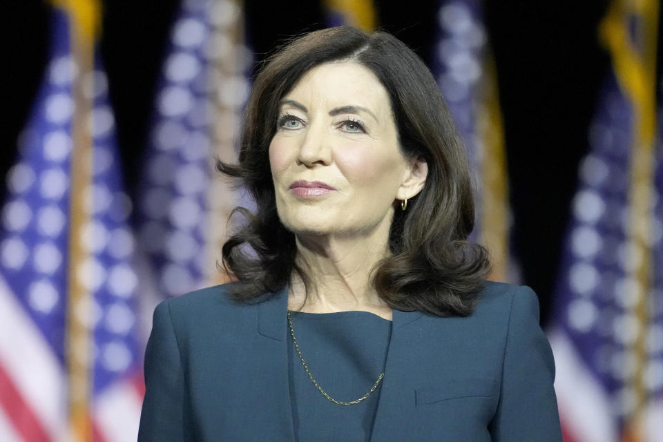 New York Gov. Kathy Hochul, listens to fellow speakers before President Joe Biden speaks on the debt limit during an event at SUNY Westchester Community College, Wednesday, May 10, 2023, in Valhalla, N.Y. (AP Photo/John Minchillo)