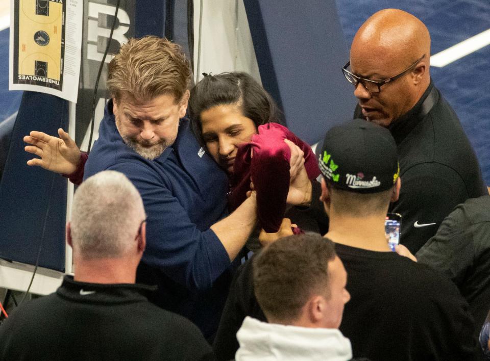 A protester interrupts the second half of game four of the first round for the 2022 NBA playoffs Saturday, April 23, 2022, at Target Center in Minneapolis, Minn.