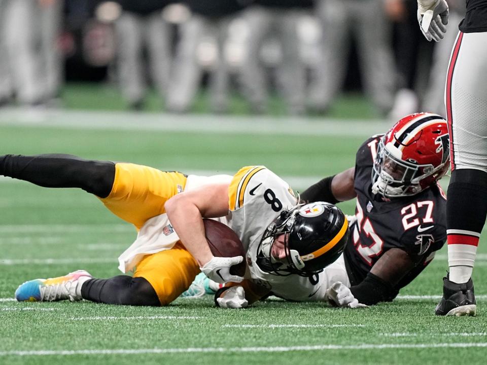 Kenny Pickett is sacked by the Atlanta Falcons defense.