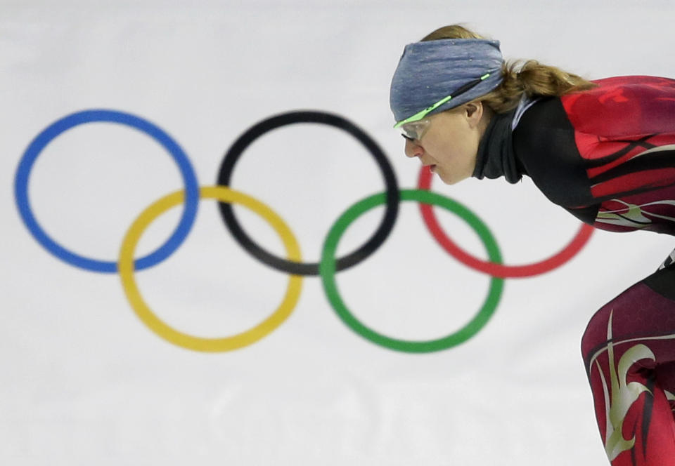 Germany's Jenny Wolf trains at the Adler Arena Skating Center during the 2014 Winter Olympics, Monday, Feb. 10, 2014, in Sochi, Russia. (AP Photo/Patrick Semansky)