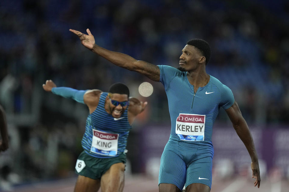 Fred Kerley of the United States crosses the finish line as he wins the men's 100-meter competition at the Golden Gala Pietro Mennea IAAF Diamond League athletics meeting in Rome, Thursday, June 9, 2022. (AP Photo/Andrew Medichini)