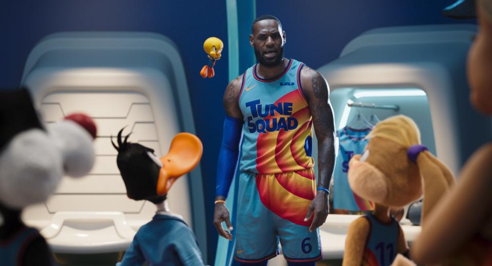 Lebron James (as himself) rallies his Tune Squad for the big game in "Space Jam: A New Legacy."