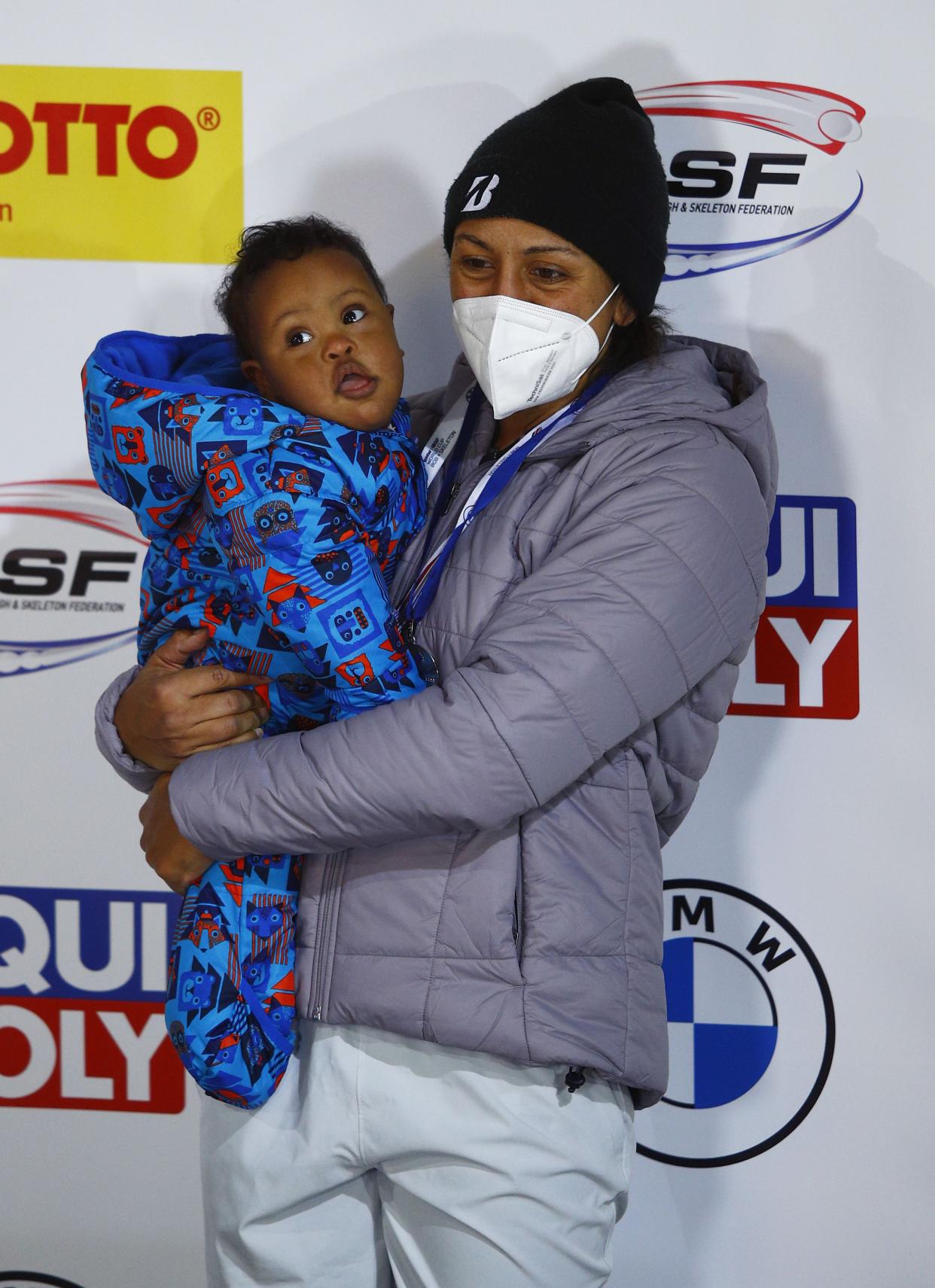 USA bobsledder Elana Taylor Meyers poses with her son, Nico, after a competiition in Koenigssee, Germany on January 22, 2021. (Adam Pretty/Getty Images)