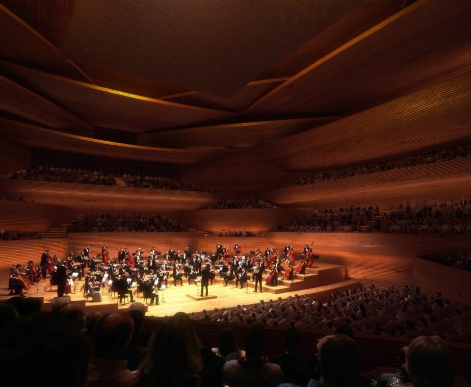 Large elegant concert hall inside the BIG-designed Vltava Philharmonic Hall in Prague.