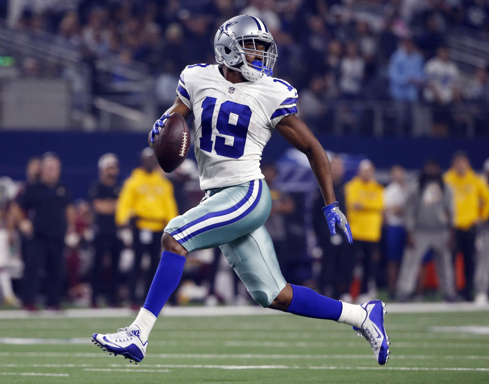 FILE - In this Thursday, Nov. 22, 2018, file photo, Dallas Cowboys wide receiver Amari Cooper (19) looks back as he runs in for a touchdown during the second half of an NFL football game against the Washington Redskins in Arlington, Texas. Cooper has caught 16 of 17 targets in the past two weeks and will have a great opportunity to continue his pace against an Eagles pass defense that is 30th in fantasy points allowed to opposing receivers. (AP Photo/Ron Jenkins, File)