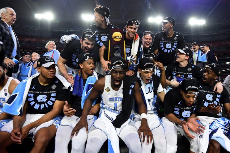 North Carolina players celebrate after winning the national championship on Monday. (Getty)