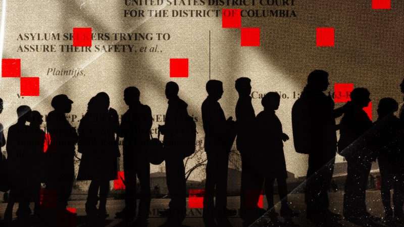 Silhouettes of people against a court document