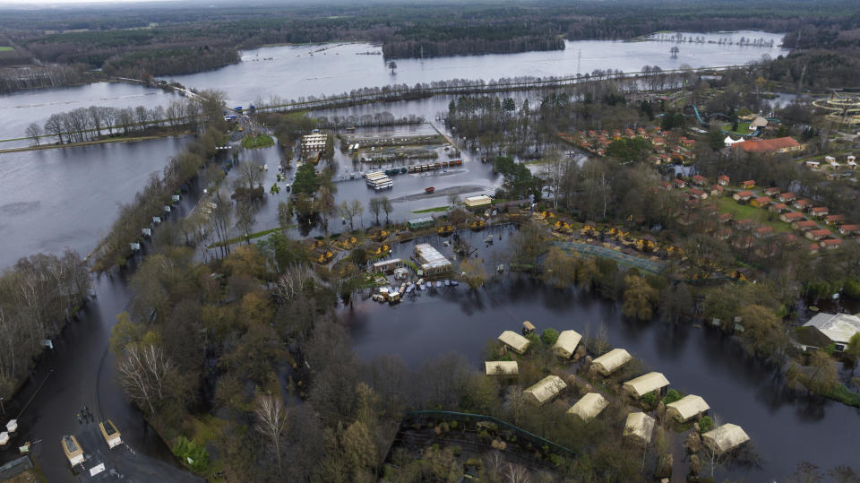 Areas of the Serengeti Park are partially flooded, in Hodenhagen, Germany, Thursday Dec. 28, 2023. The first animals in the Serengeti Park in Hodenhagen, Lower Saxony, have been evacuated due to the flooding. (Philipp Schulze/dpa via AP)