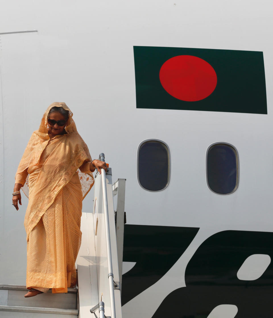 Bangladesh Prime Minister Sheikh Hasina arrives at the airport in New Delhi, India, Thursday, Oct.3, 2019. Hasina is on a three-day visit to India. (AP Photo/Manish Swarup)