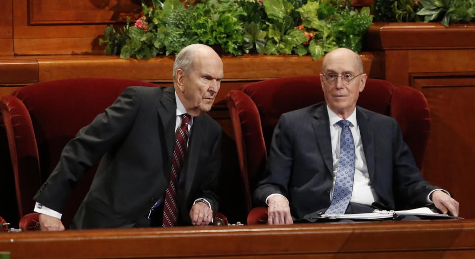 President Russell M. Nelson, left, as his counselor Henry B. Eyring look on during the twice-annual conference of The Church of Jesus Christ of Latter-day Saints, Saturday, Oct. 6, 2018, in Salt Lake City. (AP Photo/Rick Bowmer)