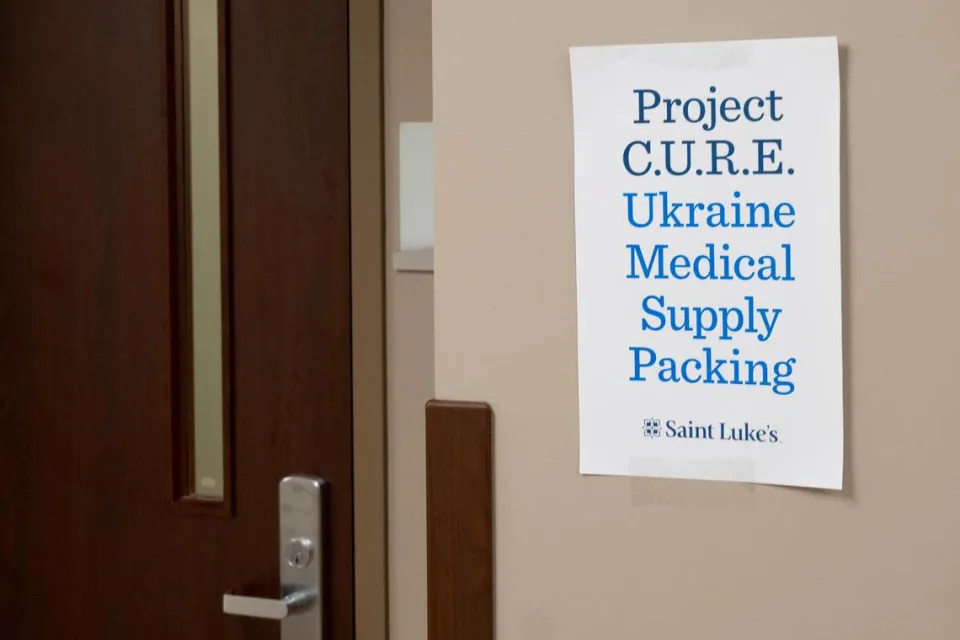 Saint Luke’s Health System partnered with Project C.U.R.E. to provide more than 200 kits donated by the hospital and packed with medical supplies such as dressings, syringes and wound care materials all valued at more than $200,000 to send to Ukraine.