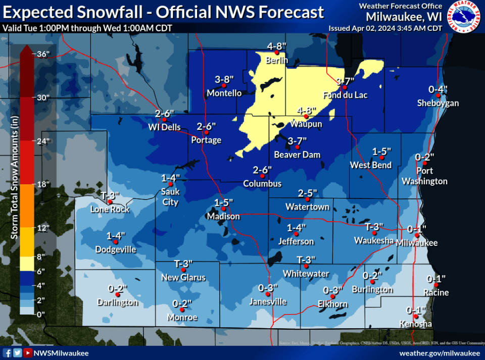 The local National Weather Service's snowfall forecast for April 2 in southeast Wisconsin.