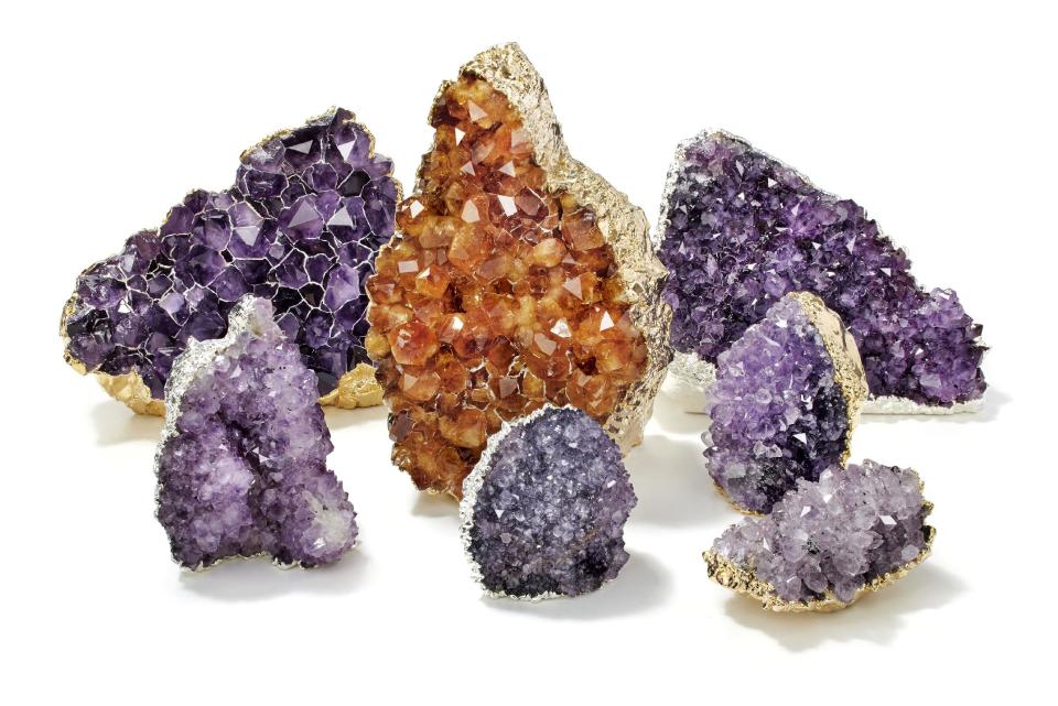 This undated photo provided by RabLabs shows amethyst and citrine that was dipped in gold and silver, by designer Anna Rabinowicz, to create an interesting juxtaposition. Rock- and mineral-themed decor is part of a fall trend toward nature and natural elements. (AP Photo/RabLabs, John Muggenborg/muggphoto.com)
