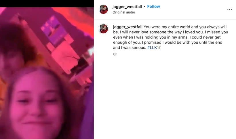 Kiely Rodni’s ex-boyfriend posted a tribute to the teen after a body was found on Sunday (Jagger Westfall Instagram)
