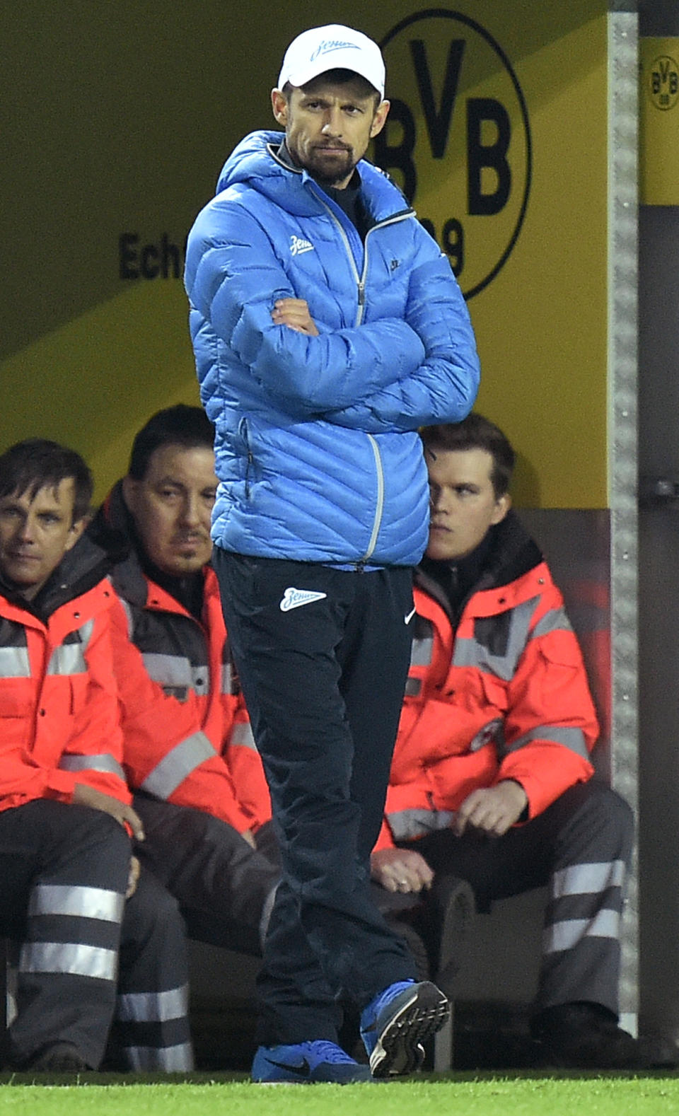 Zenit's interim coach Sergei Semak attends the UEFA Champions League last 16 second leg soccer match between Borussia Dortmund and FC Zenit in Dortmund, Germany, Wednesday, March 19, 2014. (AP Photo/Martin Meissner)