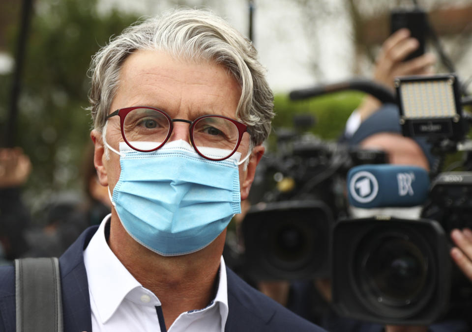 Rupert Stadler, former CEO of German car manufacturer Audi, arrives at a district court in Munich, Germany, Wednesday, Sept. 30, 2020. Stadler stands trial in Germany over the "dieselgate" emissions scandal, five years after parent company VW admitted responsibility. (AP Photo/Matthias Schrader)