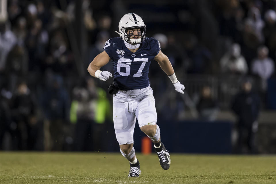 STATE COLLEGE, PA - NOVEMBER 30: Pat Freiermuth #87 of the Penn State Nittany Lions in action against the Rutgers Scarlet Knights during the second half at Beaver Stadium on November 30, 2019 in State College, Pennsylvania. (Photo by Scott Taetsch/Getty Images)