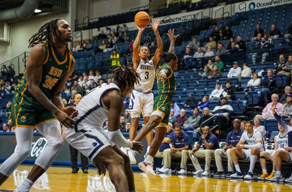 Monmouth guard Jakari Spence shoots over a Norfolk State defender at OceanFirst Bank Center in West Long Branch on Nov. 17, 2022.