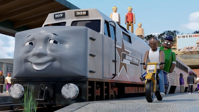 Toy-like versions of GTA San Andreas characters ride a dirt bike near a train with a face.