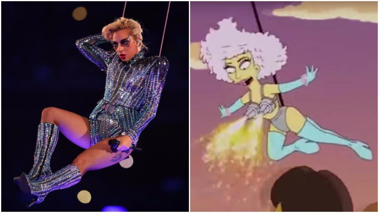 The Simpsons predicted Gaga flying through the air five years ago: Getty/Fox