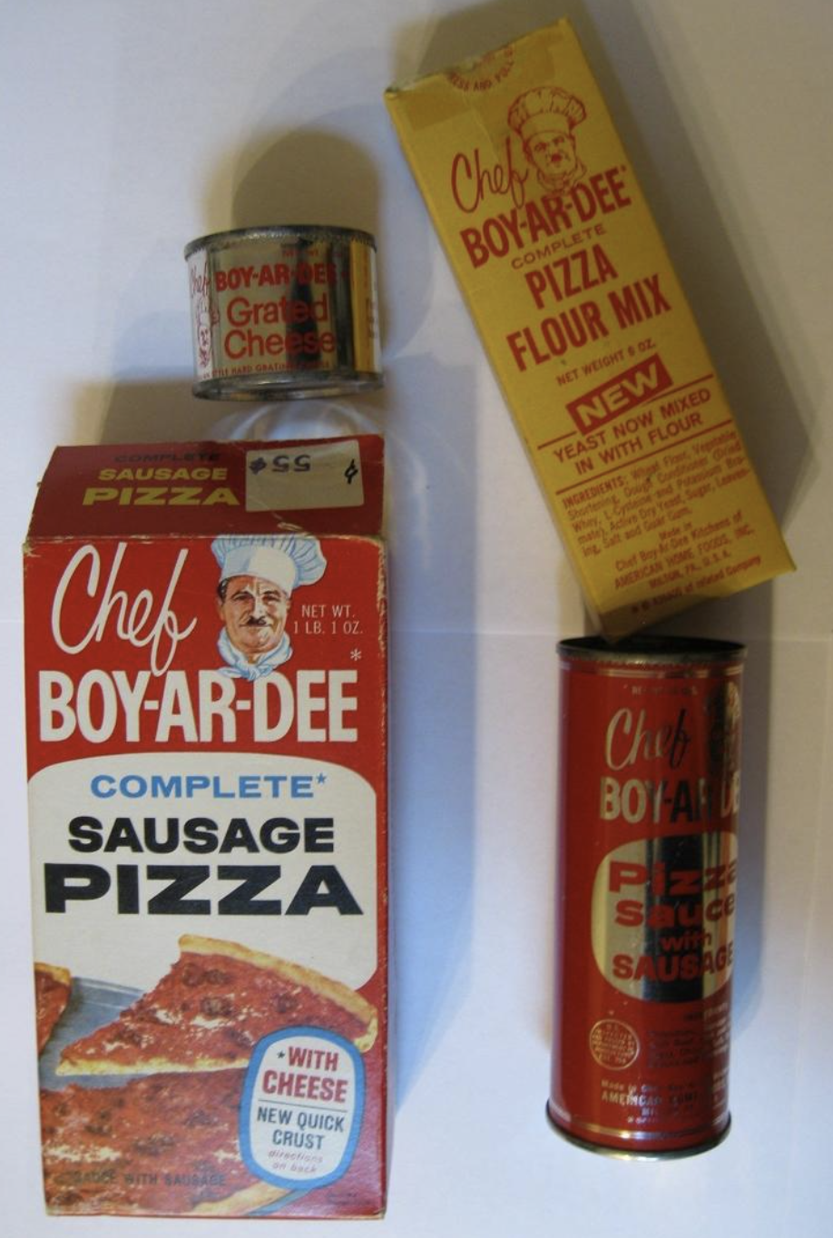 Vintage Chef Boyardee Sausage Pizza kit, includes boxed sausage pizza mix, grated cheese can, pizza flour mix, and pizza sauce with sausage can