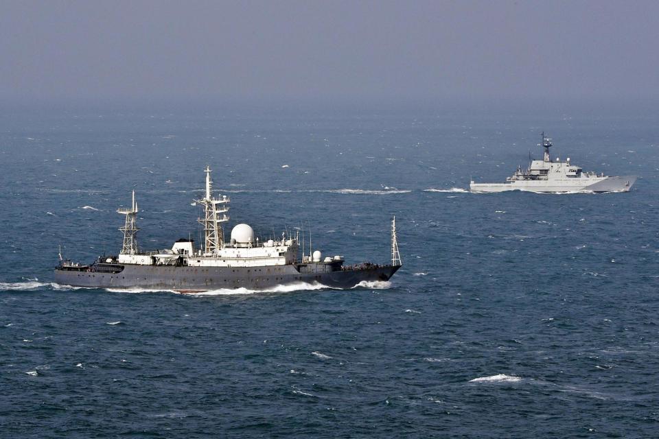 The Russian ships are escorted by the Royal Navy's patrol ship HMS Mersey in the English Channel: EPA