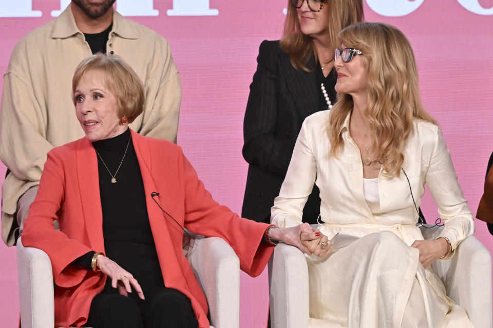 Carol Burnett and Laura Dern of 'Palm Royale' speak at the Apple TV+ presentations at the TCA Winter Press Tour held at The Langham, Huntington on February 5, 2024 in Pasadena, California. (Photo by Michael Buckner/Variety via Getty Images)