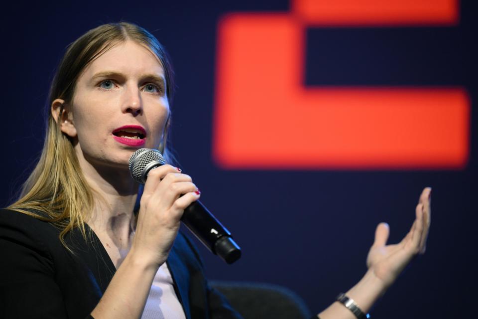 FILE - Chelsea Manning, the former US Army intelligence analyst speaks, during a public conference on privacy and data security for the public good at the Swiss Federal Institute of Technology (EPFL) campus, in Lausanne, Switzerland, March 7, 2022. Manning, 35, gave more than 700,000 documents to the website WikiLeaks while working as an intelligence analyst in Iraq in 2010. Manning was convicted in military court of having violated the Espionage Act and sentenced to 35 years in prison. Her sentence was commuted by Obama just before he departed office in January 2017. (Laurent Gillieron/Keystone via AP, File)