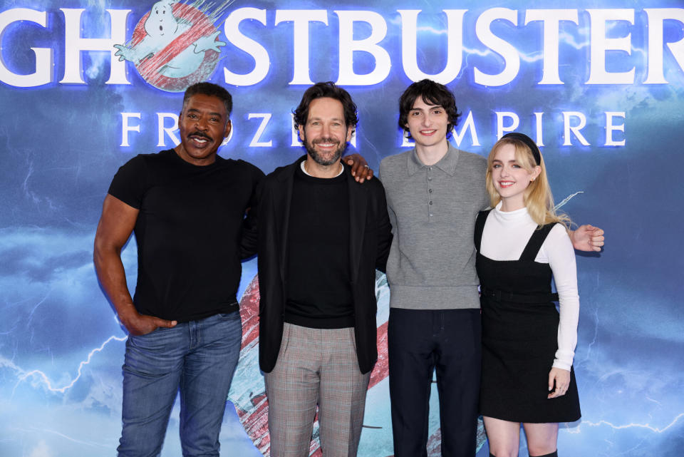 LONDON, ENGLAND – MARCH 21: (L-R) Ernie Hudson Jr., Paul Rudd, Finn Wolfhard and Mckenna Grace at the London photocall of Columbia Pictures’ Ghostbusters: Frozen Empire on March 21, 2024 in London, England. (Photo by Tim P. Whitby/Getty Images for Columbia Pictures)