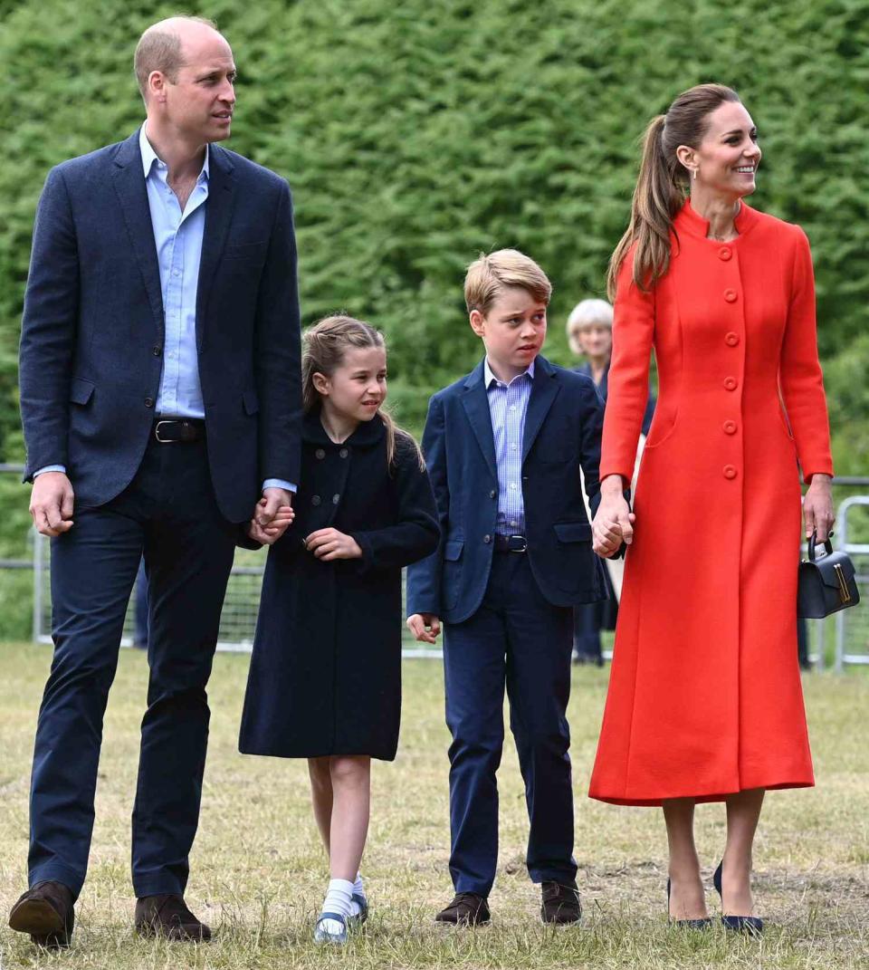 The Duke and Duchess of Cambridge, Prince George and Princess Charlotte during their visit to Cardiff Castle to meet performers and crew involved in the special Platinum Jubilee Celebration Concert