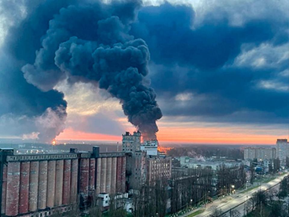 Smoke rising from the oil depot in the Bryansk region of Russia (AP)