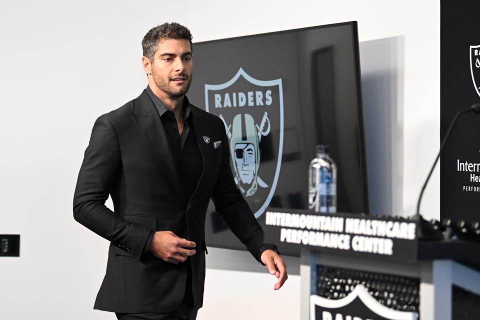 New Las Vegas Raiders quarterback Jimmy Garoppolo speaks to the media at Intermountain Healthcare Performance Center in Henderson, Nevada on March 17, 2023.