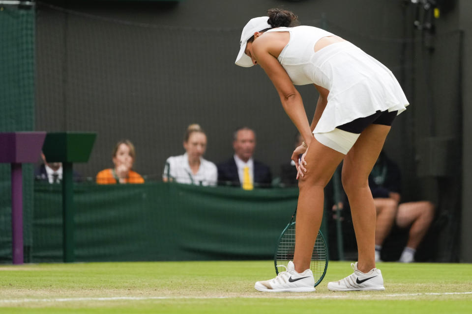 Madison Keys of the United States reacts during her fourth round match against Jasmine Paolini of Italy at the Wimbledon tennis championships in London, Sunday, July 7, 2024. (AP Photo/Kirsty Wigglesworth)