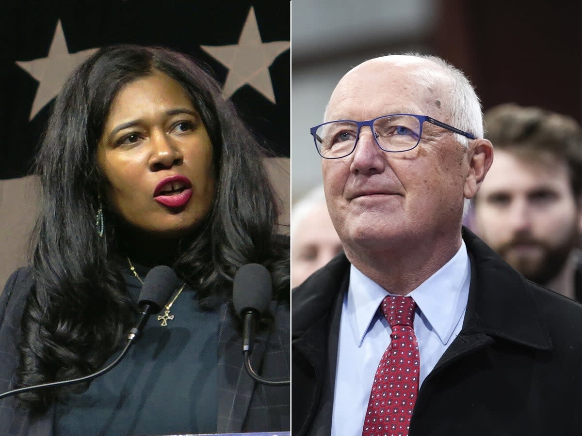 Kristina Karamo, left, insists that she is still the chairwoman of the Michigan GOP, despite losing a leadership vote to Pete Hoekstra, right (AP Photo/Joey Cappelletti/Paul Sancya)