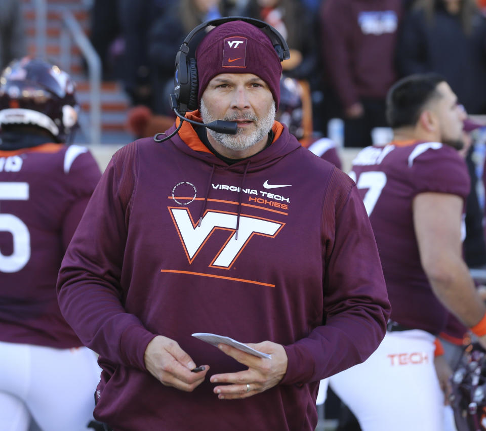 Virginia Tech head coach Justin Fuente looks on at the start of an NCAA college football game against Duke in Blacksburg Va., Saturday, Nov. 13 2021. (Matt Gentry/The Roanoke Times via AP)