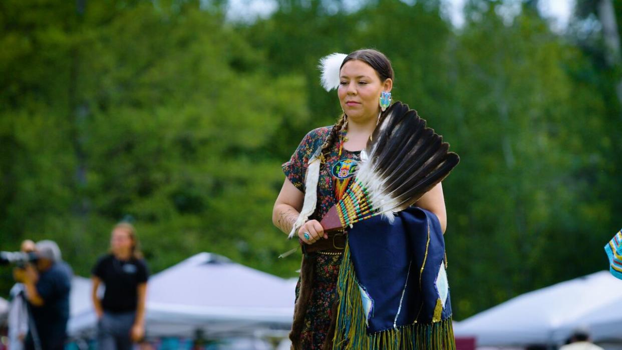 Sophia Sidarous dances at a powwow in Metepenagiag, N.B. (Picture This Productions/APTN - image credit)