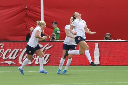 OTTAWA, ON - JUNE 11: Maren Mjelde #6 of Norway celebrates her goal on a direct kick with team mates during the FIFA Women&#39;s World Cup Canada 2015 Group B match between Germany and Norway at Lansdowne Stadium on June 11, 2015 in Ottawa, Canada.  (Photo by Andre Ringuette/Getty Images)