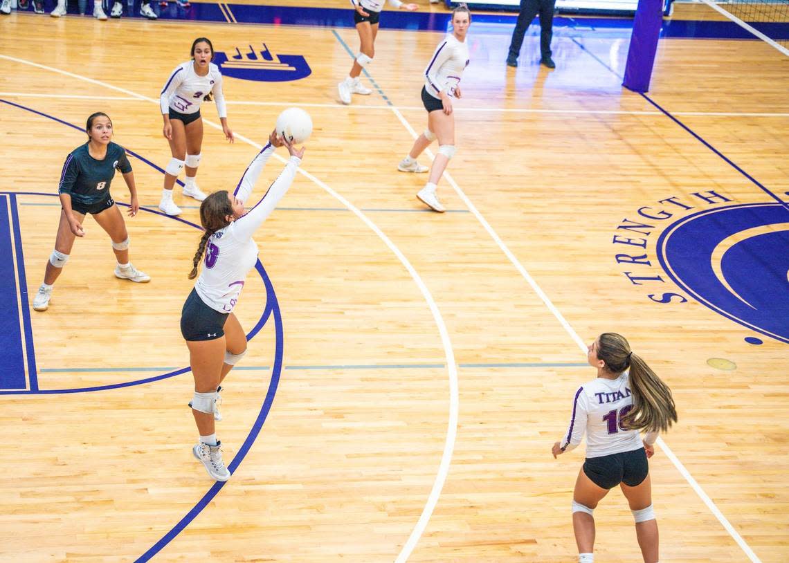 The True North girls’ volleyball team in match action in 2022.