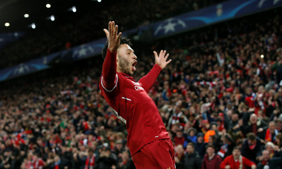 <p>Soccer Football – Champions League Quarter Final First Leg – Liverpool vs Manchester City – Anfield, Liverpool, Britain – April 4, 2018 Liverpool’s Alex Oxlade-Chamberlain celebrates scoring their second goal REUTERS/Andrew Yates </p>